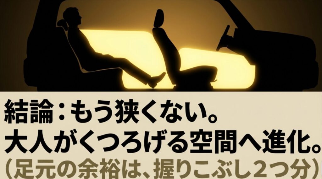ジムニーノマドの後部座席の足元に握りこぶし2つ分の余裕があることを示す実測データ