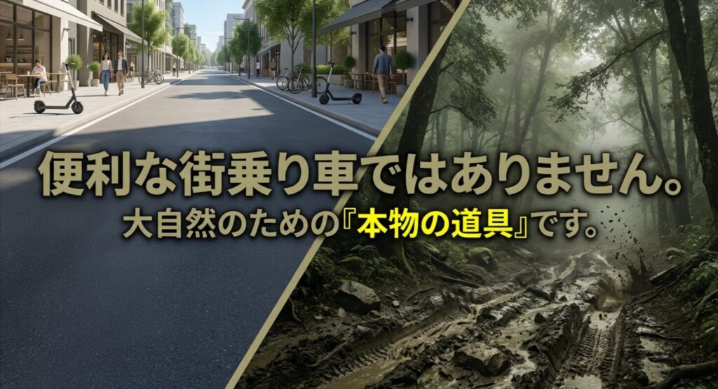 ジムニーノマドは便利な街乗りSUVではなく大自然を走るための本物の道具であることを示すメッセージ画像
