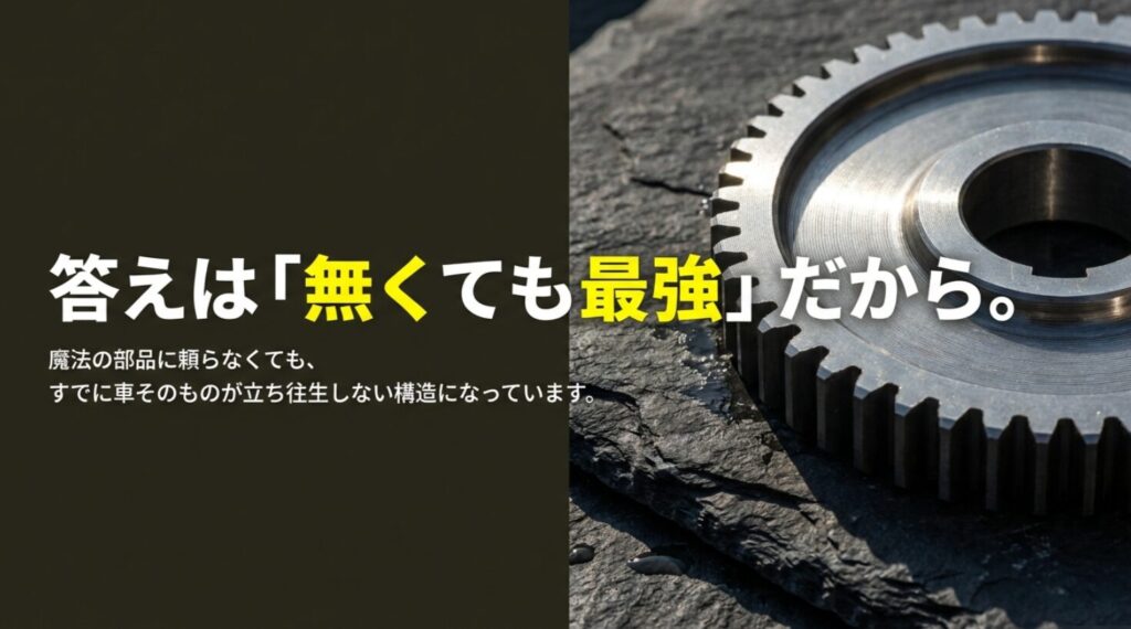 ジムニーがデフロックに頼らなくても高い走破性を持つ構造であることを説明する要約スライド。