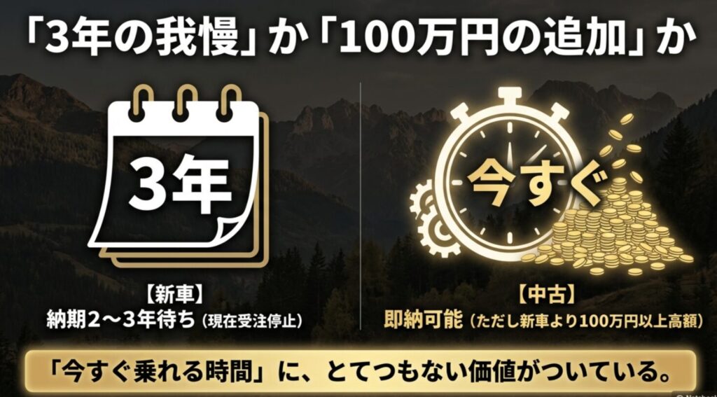 納期2〜3年待ちの新車と、100万円以上高額だが即納可能な中古ジムニーノマドの比較図