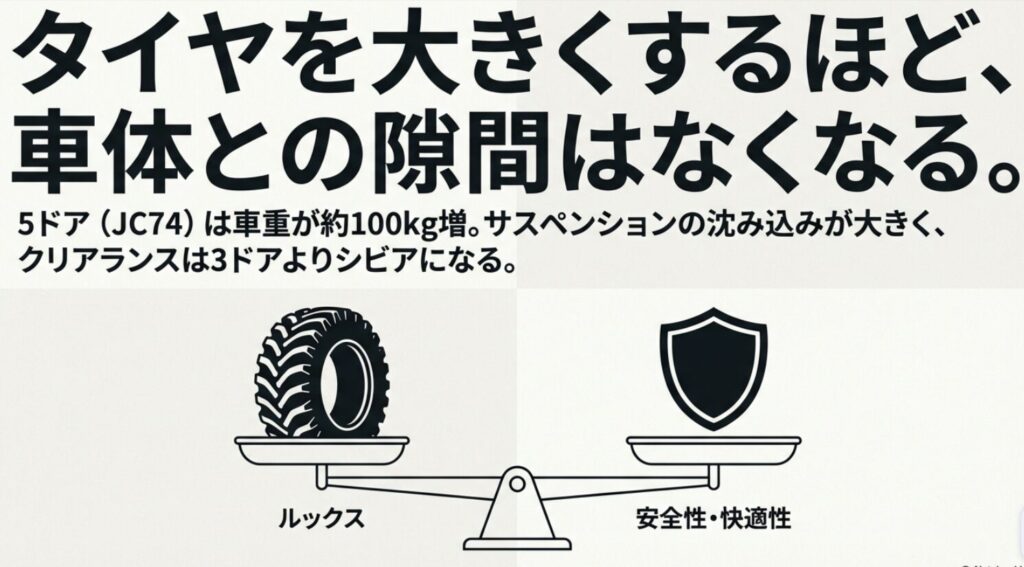 5ドアJC74型は車重が約100kg増加するため、サスペンションの沈み込みが大きくクリアランスがシビアになる解説図。