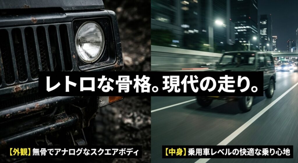 無骨なスクエアボディの外観と、乗用車レベルの快適な乗り心地というJA22の特徴をまとめたスライド 。