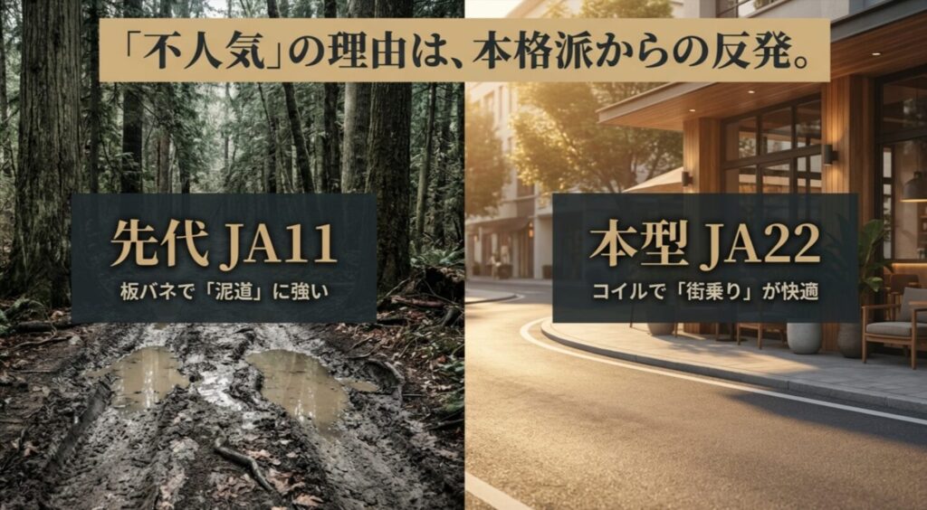 先代JA11は板バネで泥道に強く、JA22はコイルスプリングで街乗りが快適であることを説明するスライド 。