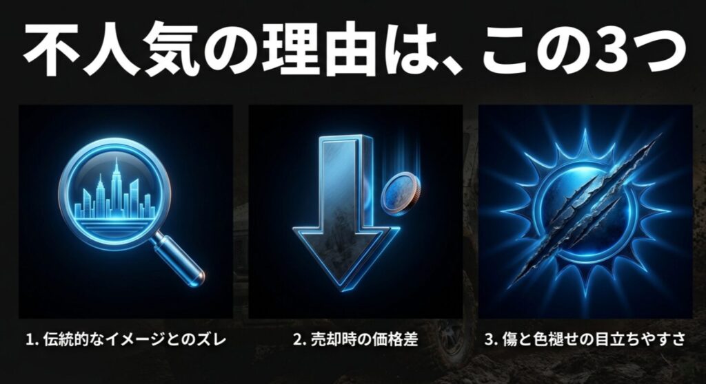 伝統とのズレ、売却価格の差、傷の目立ちやすさという3つの不人気理由をまとめたスライド