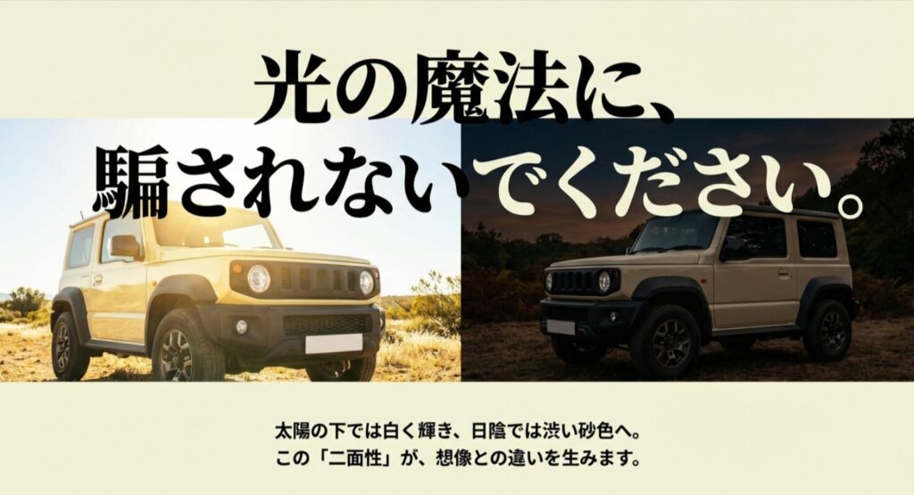 太陽の下で白く輝き、日陰で渋い砂色に変わるシフォンアイボリーの二面性を説明するスライド