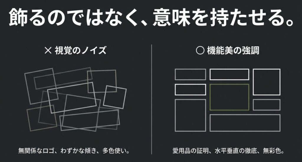 無関係なロゴや多色使いによる視覚的ノイズと、愛用品の証明や無彩色による機能美の強調を比較した図解。