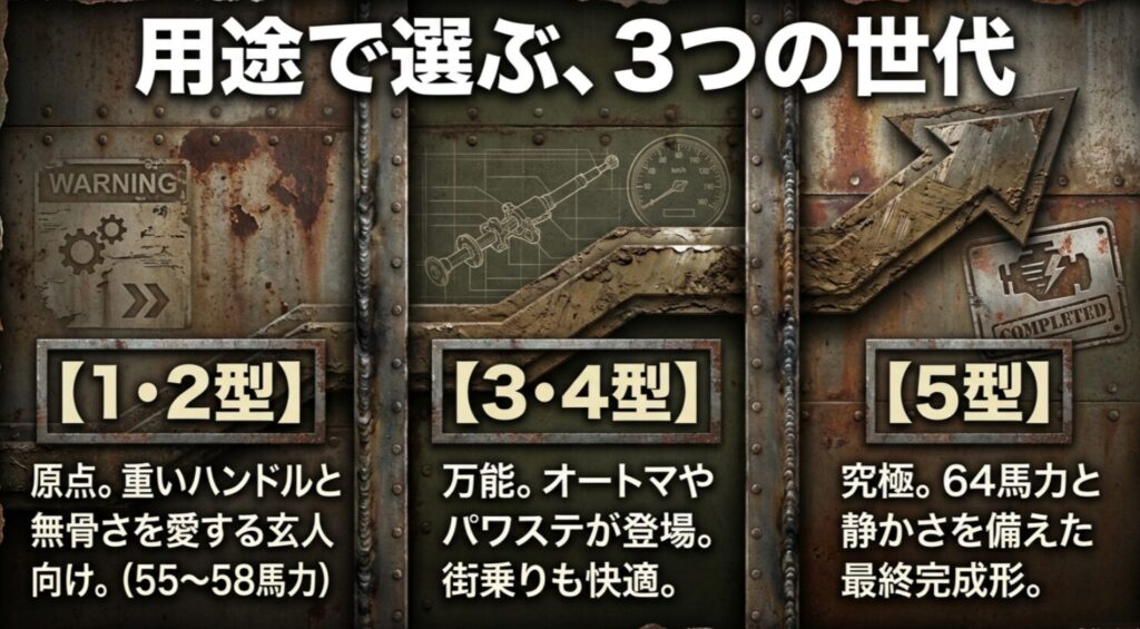 JA11を1・2型（原点）、3・4型（万能）、5型（究極）の3世代に分けて特徴を比較した図解