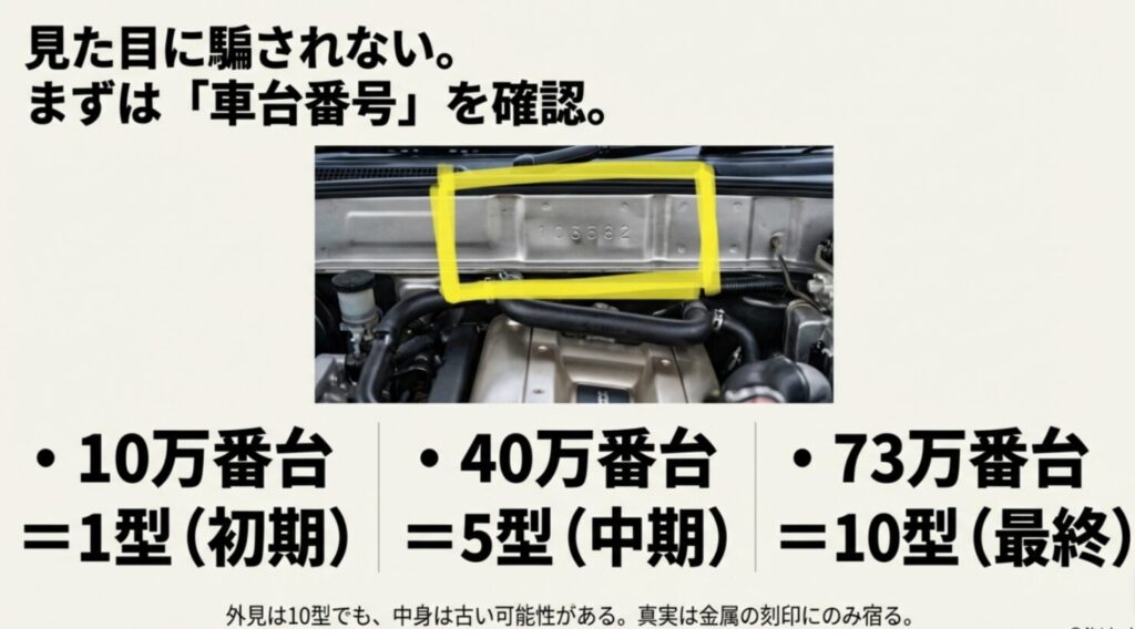 ジムニーJB23のエンジンルームにある車台番号の打刻場所と、1型・5型・10型を判別する番号の目安