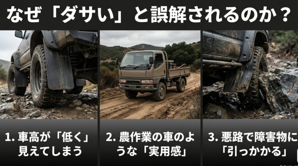 車高が低く見える、商用車感が出る、障害物に引っかかるという3つのネガティブ要因を説明するスライド