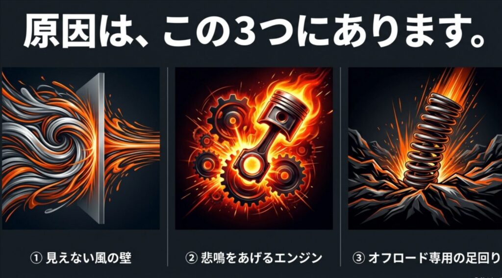 高速走行がきつい3つの原因として「見えない風の壁」「悲鳴をあげるエンジン」「オフロード専用の足回り」を挙げたイラスト