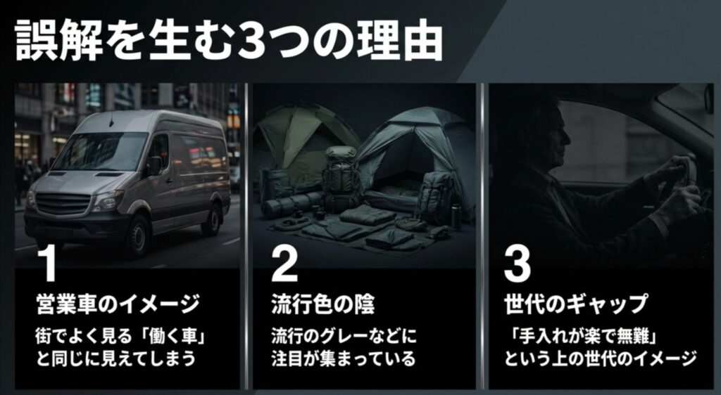 営業車のイメージ、流行色の陰、世代のギャップというシルバーが誤解される原因をまとめたスライド。