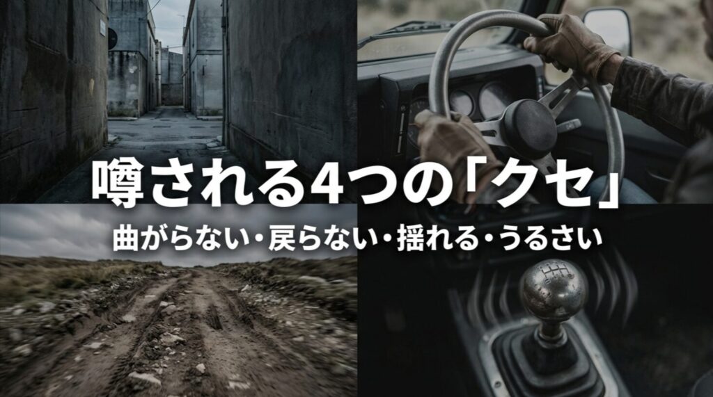 曲がらない・戻らない・揺れる・うるさいというランクル70の4つの走行特性をリストアップしたスライド