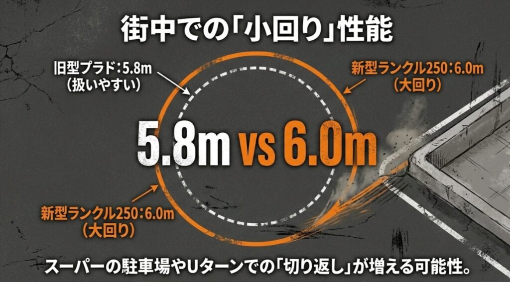 旧型プラドの最小回転半径5.8mと新型ランクル250の6.0mを比較し、スーパーの駐車場などでの取り回しを説明するイラスト 。