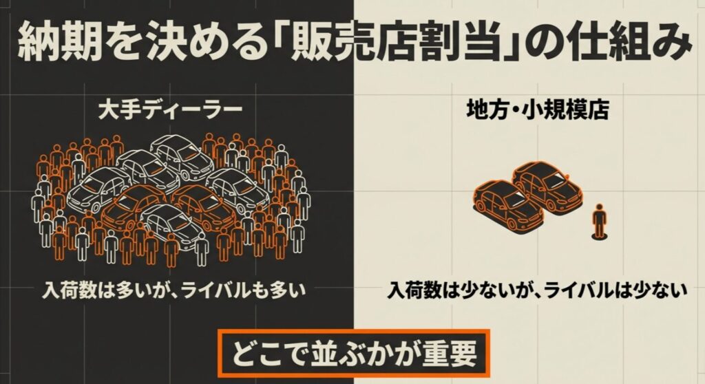 大手ディーラーと地方・小規模店での入荷数とライバル数の違いを説明する販売店割当の仕組み図