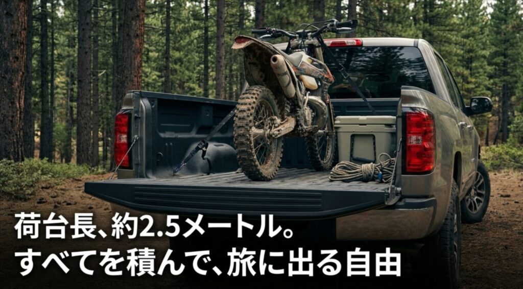 ランクル70シングルキャブの荷台長が約2.5mであることを示す画像。すべてを積んで旅に出る自由というテキスト。