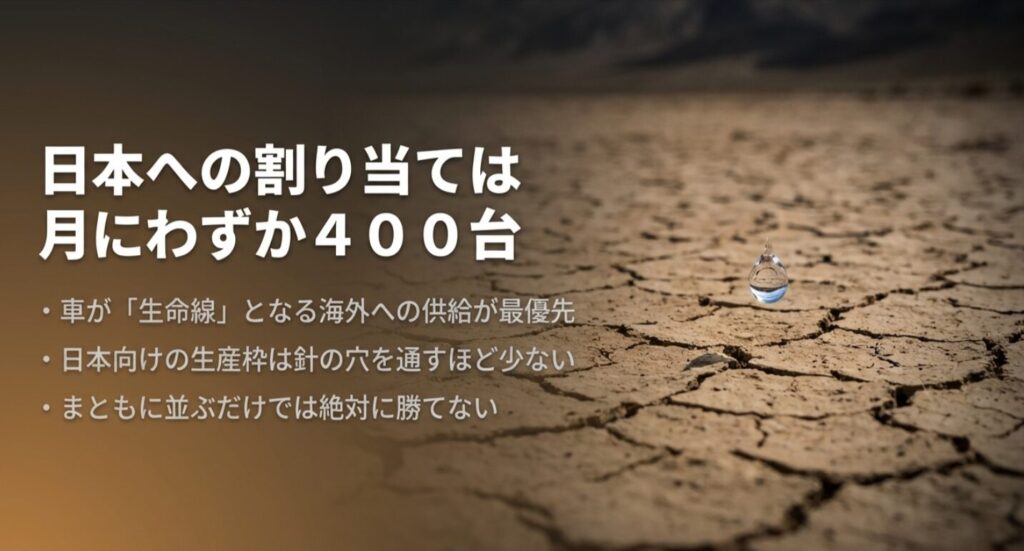 本への割り当てが月400台と少なく、海外供給が優先される状況を説明する図解 。