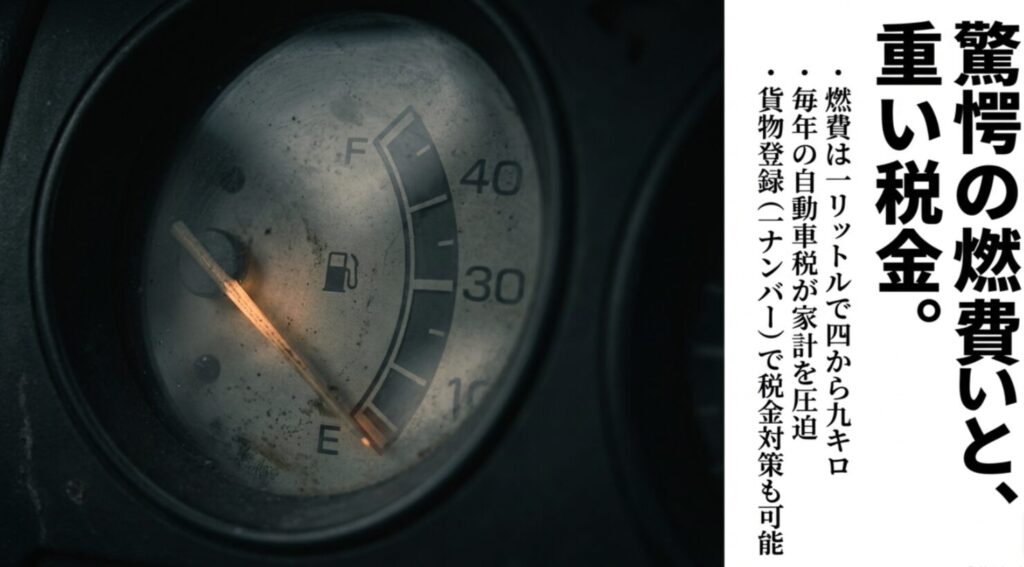 ランクル60の燃費（4〜9km/L）と自動車税、1ナンバー登録による税金対策の解説図。