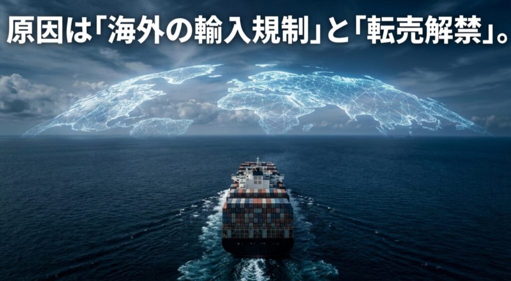ランクル300の価格変動の原因が海外の輸入規制と国内の転売禁止期間終了にあることを示す図解スライド。