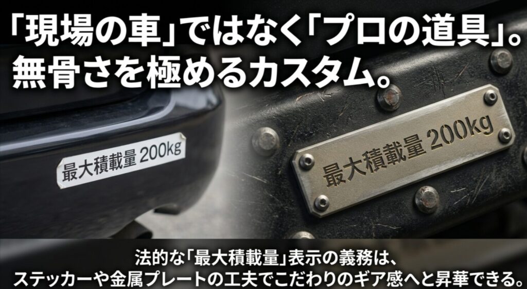 法的な義務である最大積載量表示をステッカーや金属プレートでギア感のあるカスタムにする例