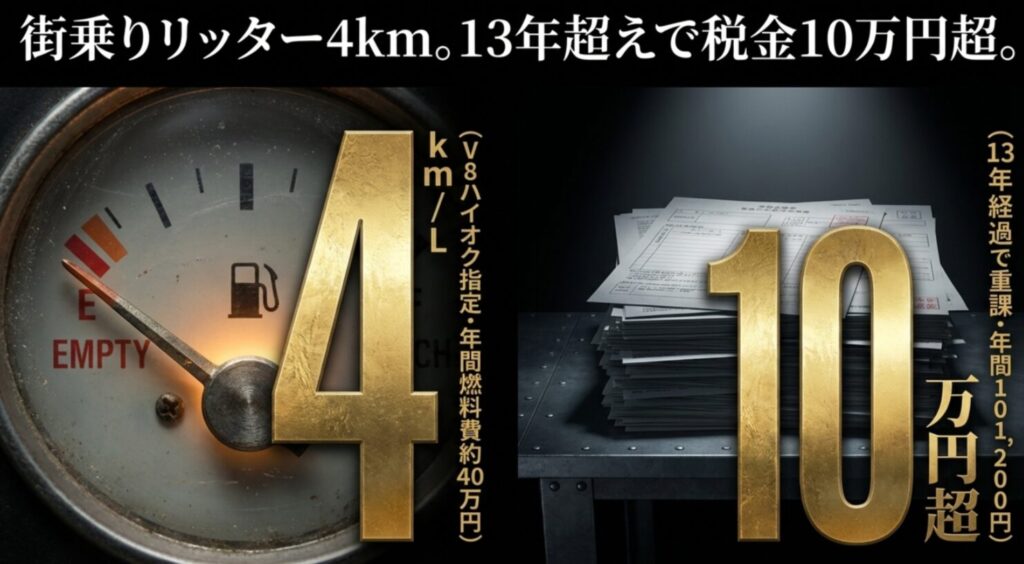 市街地燃費4km/L、V8ハイオク燃料費年40万円、13年経過による自動車税101,200円の解説スライド