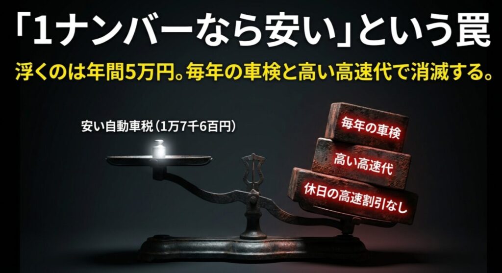 自動車税は安いが毎年の車検や高い高速代、休日割引なしといった1ナンバーのデメリットを解説するスライド