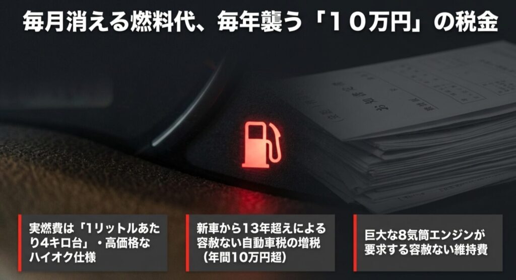 実燃費1リットル4キロ台の燃料費と、新車から13年超えで年間10万円を超える自動車税の増税について説明する画像