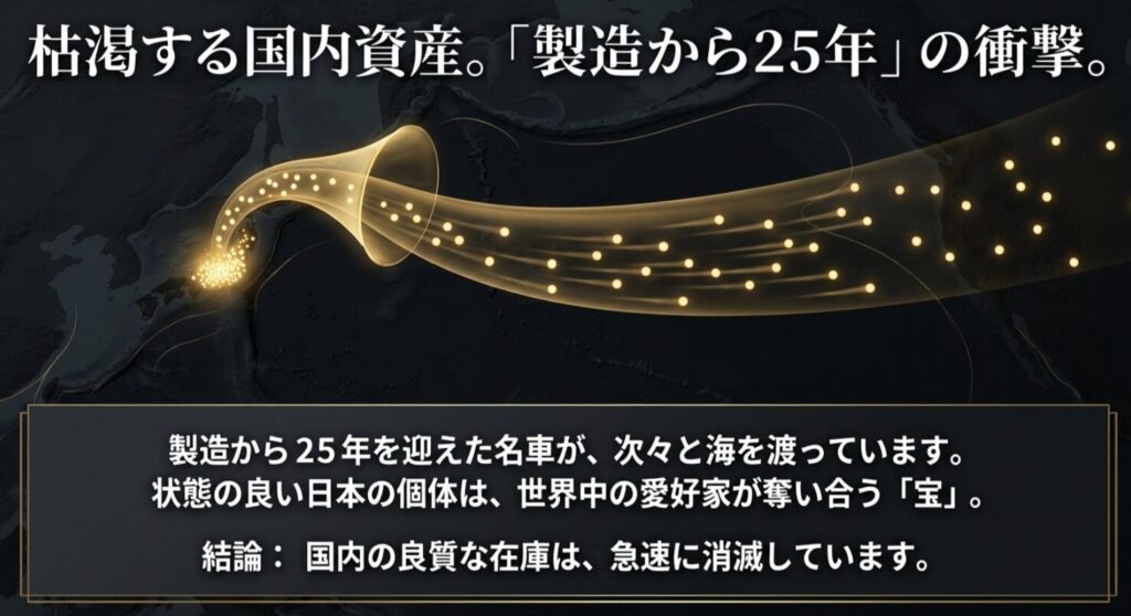 製造から25年を経過した日本の良質なランクルシグナスが世界中で奪い合いになり、国内在庫が急減していることを示す解説。