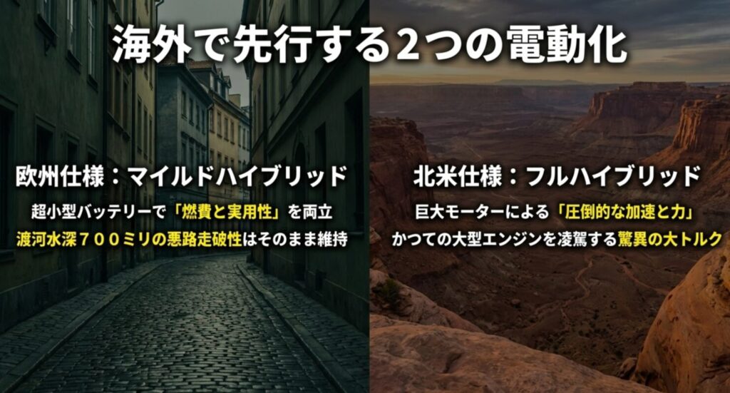 欧州仕様のマイルドハイブリッドと北米仕様のフルハイブリッドの特徴を比較解説したスライド画像