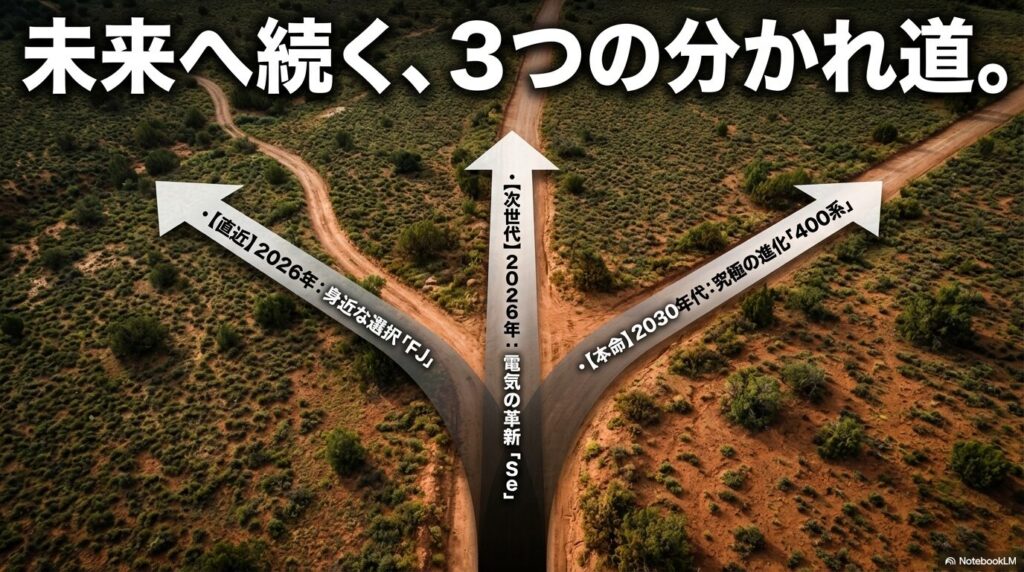 2026年のFJ、Se、そして2030年代の400系へと続く3つの製品展開の概要。