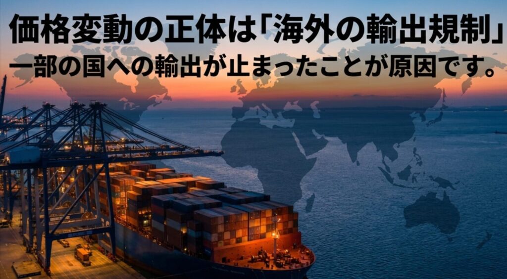 一部の国への輸出が止まったことがプラドの価格変動の主因であることを説明するスライド画像