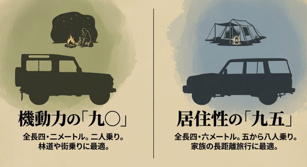 90系は全長4.2mの二人乗りで街乗り・林道向き、95系は全長4.6mの5〜8人乗りで家族旅行向きであることを示す比較図。