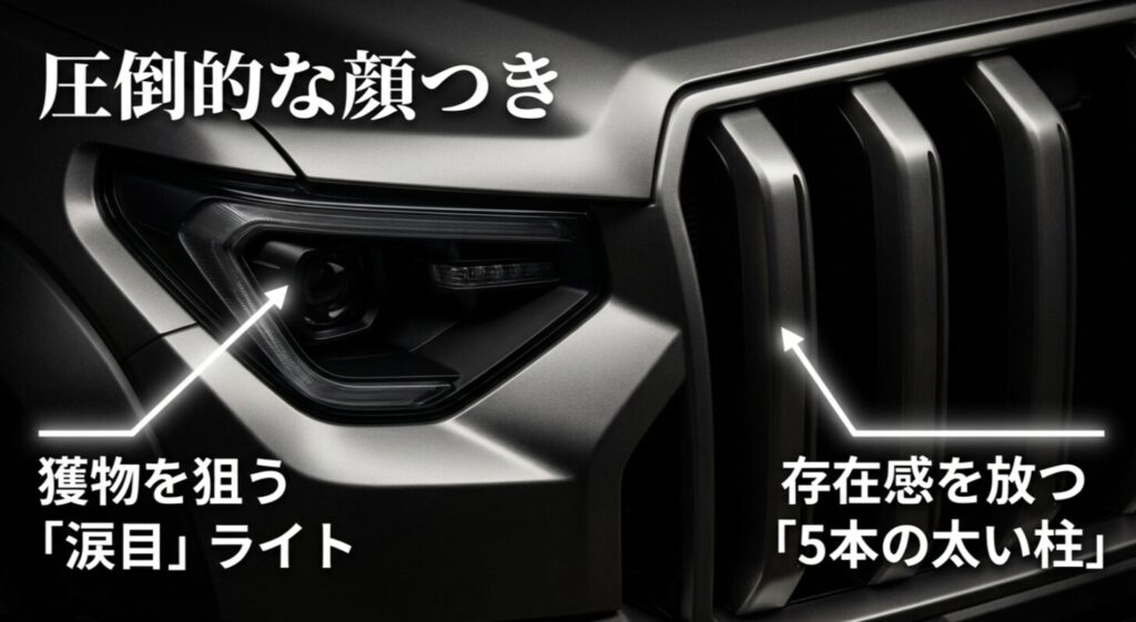 獲物を狙う涙目ライトと存在感を放つ5本の太い垂直バーのフロントマスク解説