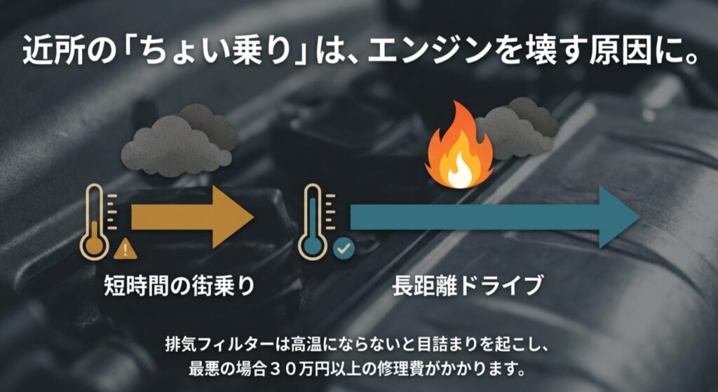 街乗りの繰り返しで排気フィルターが目詰まりし、高額な修理費用が発生するメカニズムの解説