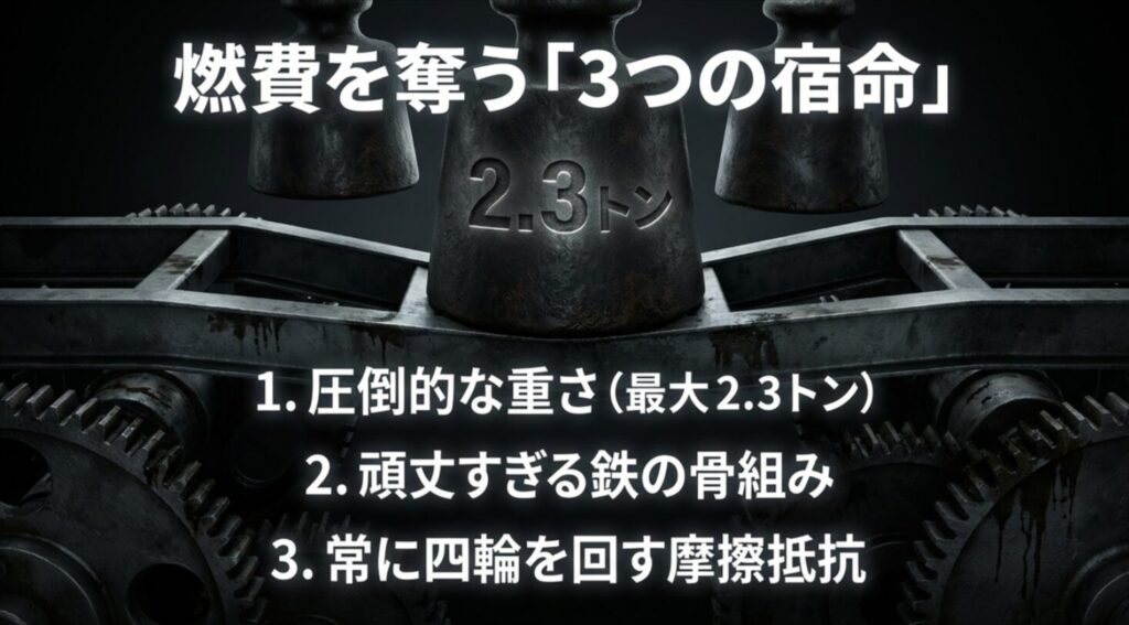 燃費を奪う3つの宿命として、圧倒的な重さ、頑丈な鉄の骨組み、常に四輪を回す摩擦抵抗を挙げたスライド