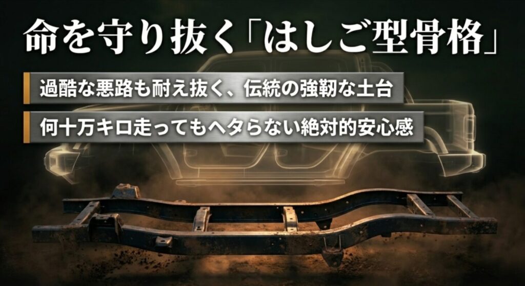 命を守る伝統のはしご型骨格（ラダーフレーム）の耐久性と安心感を説明するスライド