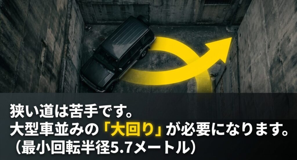 ジムニーノマドの最小回転半径5.7mによる取り回しの悪化を説明するスライド