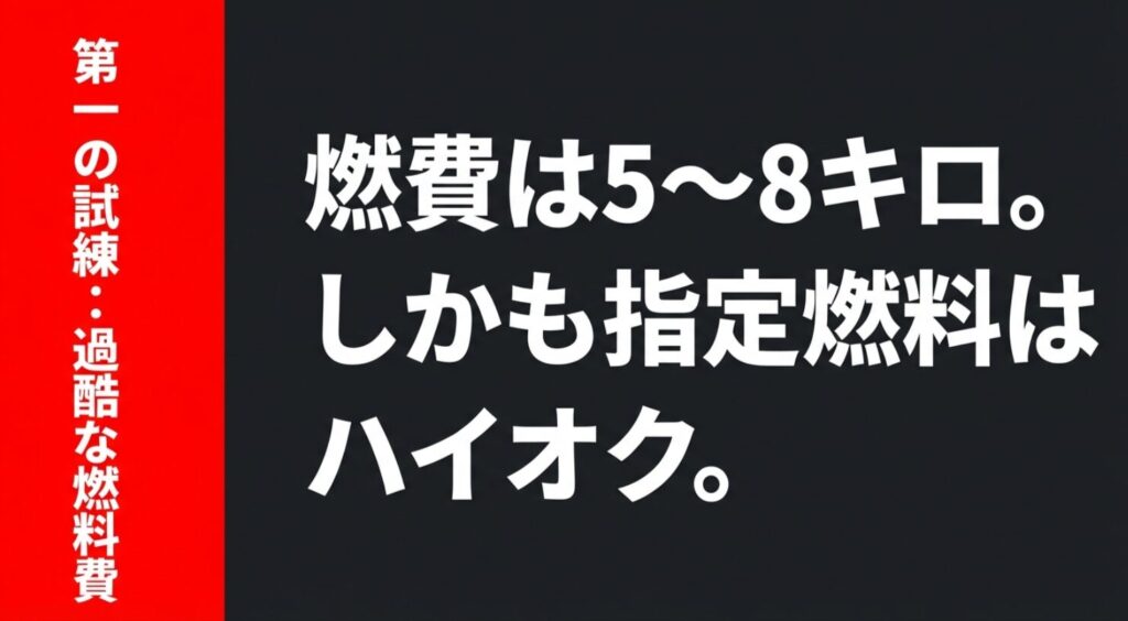 「第一の試練：過酷な燃料費。燃費は5〜8キロ。しかも指定燃料はハイオク。」と記された燃料コストに関するスライド画像
