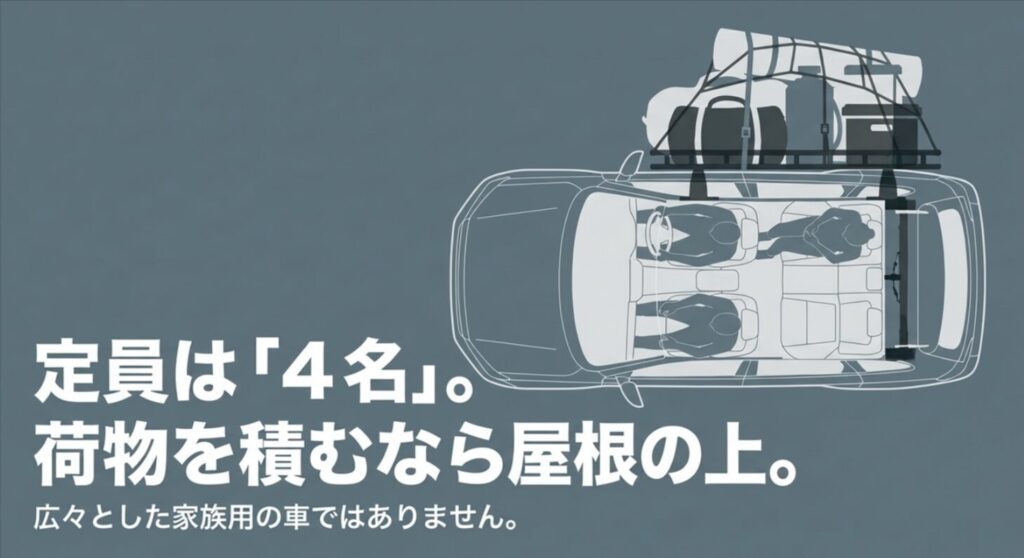 定員4名制限とルーフキャリア活用の必要性、家族向けではない広さを示す図解スライド