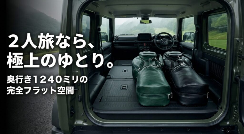 ジムニーノマドのリアシートを倒した奥行き1240mmの完全フラットな荷室空間の解説スライド