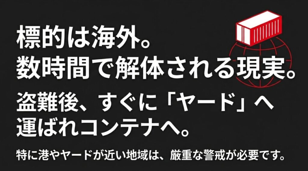 盗難車両がヤードへ運ばれコンテナで海外輸出される流れのイメージ図