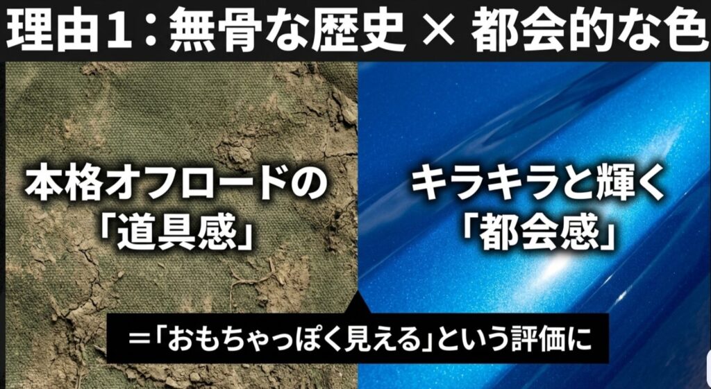 本格オフロードの道具感とキラキラした都会感が衝突し、おもちゃっぽく見えるメカニズムを解説するスライド