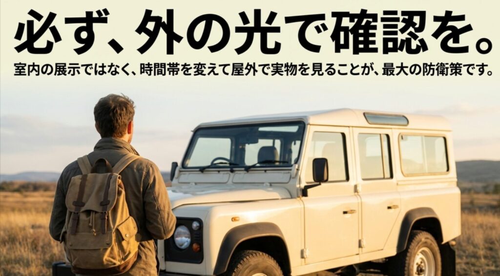 室内の展示ではなく屋外の光で実物を確認することを推奨する男性と四輪駆動車のビジュアルスライド
