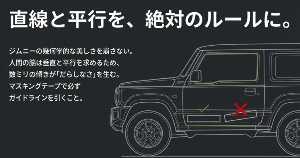 JB64のサイドボディにおいて、プレスラインとステッカーを平行に貼る正しい例と、数ミリ傾いた悪い例の比較。