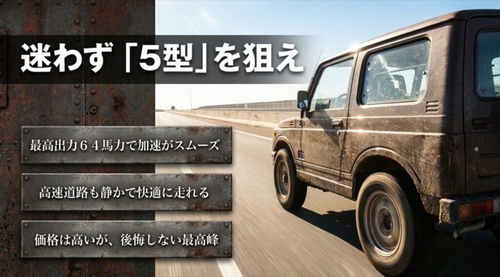 64馬力の加速性能と高速走行の静かさを備えた、JA11最終完成形である5型の魅力を解説。