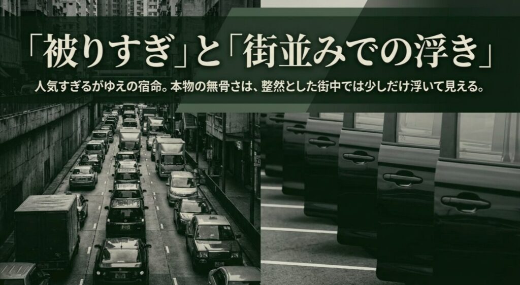 普及率が高いための「被り」や、無骨な色が整然とした街中で浮いて見えるリスクを説明するスライド。