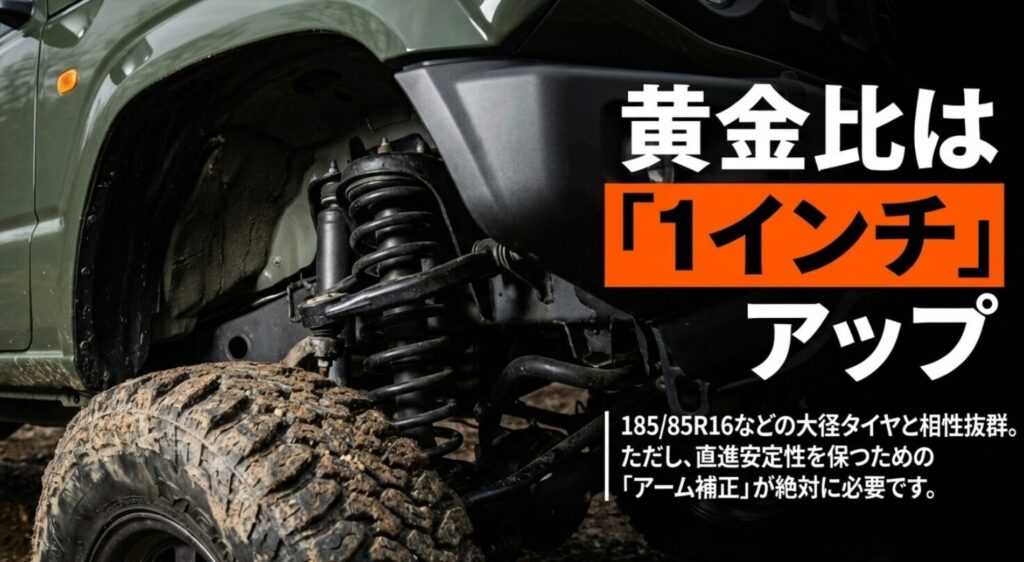 1インチアップの黄金比と185/85R16タイヤの相性、直進安定性を保つアーム補正の必要性