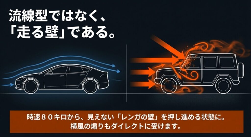 流線型の車と箱型のジムニーシエラが受ける空気抵抗の違いを比較したイメージ。シエラは「走る壁」状態であることを示している