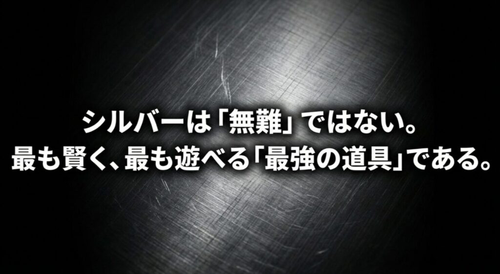 シルバーは無難ではなく、最も賢く最も遊べる最強の道具であることを宣言するメッセージスライド。
