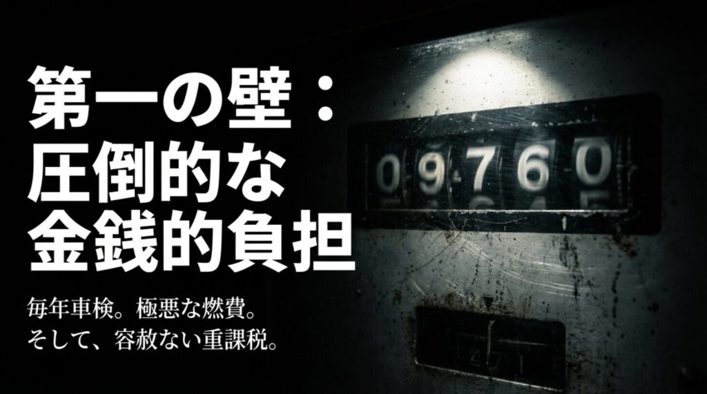毎年車検や極悪な燃費、重課税などの金銭的負担を説明するスライド