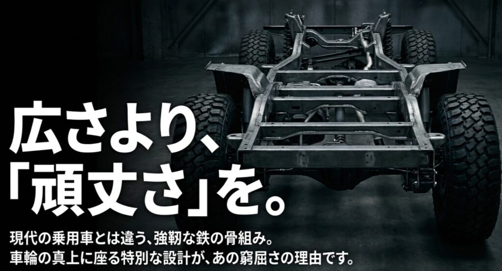 広さよりも頑丈さを優先し、車輪の真上に座る設計が窮屈さの理由であることを説明するスライド